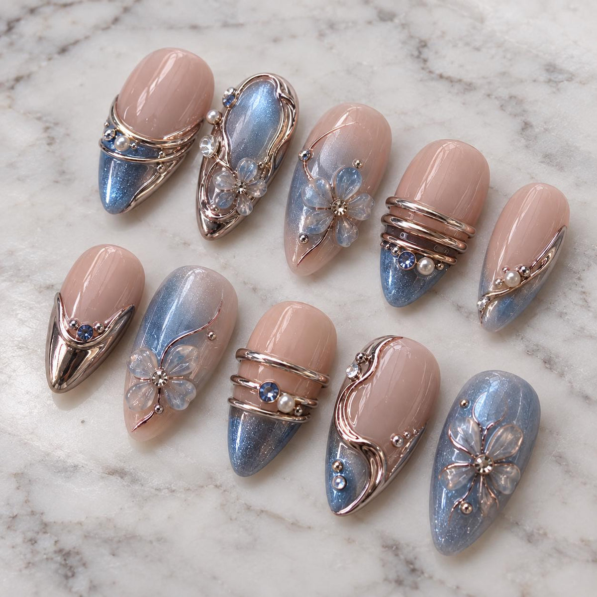 Nude Pink and Blue Chrome Bridal Press-On Nail Set with 3D Flowers and Silver-Tone Details