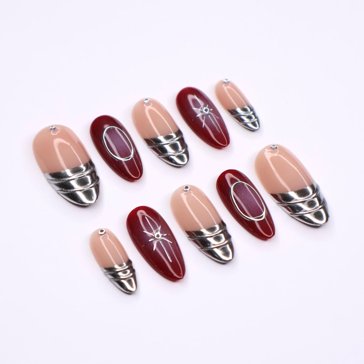 Nude Pink and Burgundy Nails with Silver Chrome Bands and Celestial Details