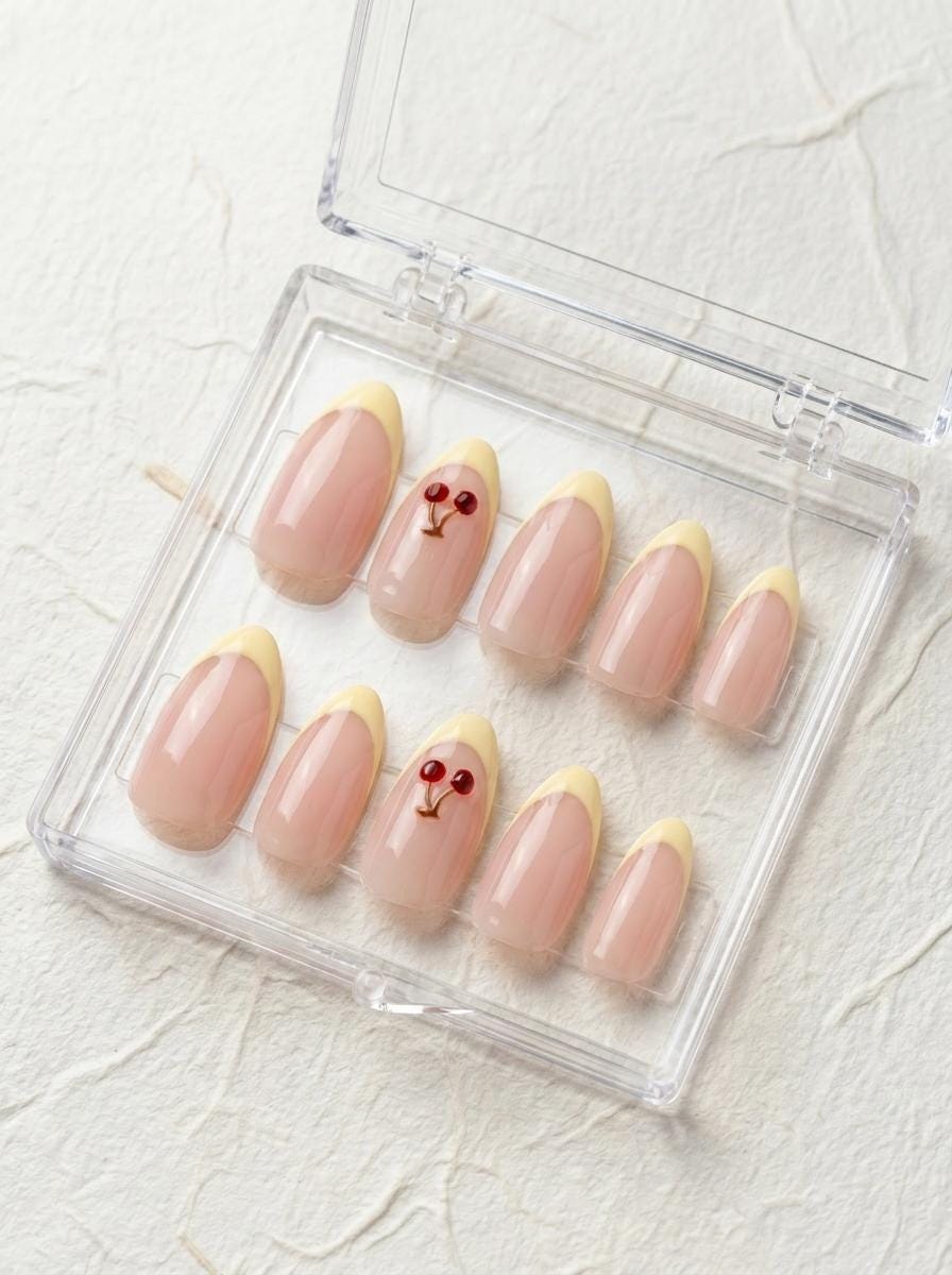Nude Pink and Buttery Yellow French Tip Nails with 3D Cherries for Summer