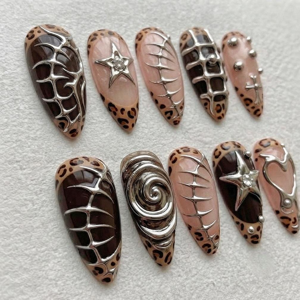 Nude Pink and Dark Animal Print Nails with Raised Silver Designs