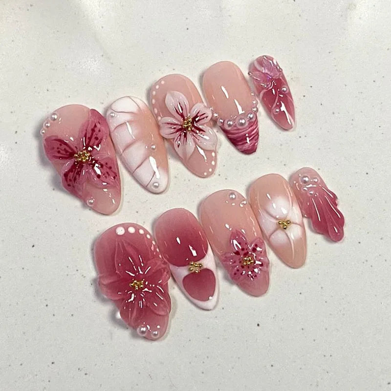 Nude Pink and Deep Rose French Tip Nail Set with 3D Flowers, Pearls and Gold Accents