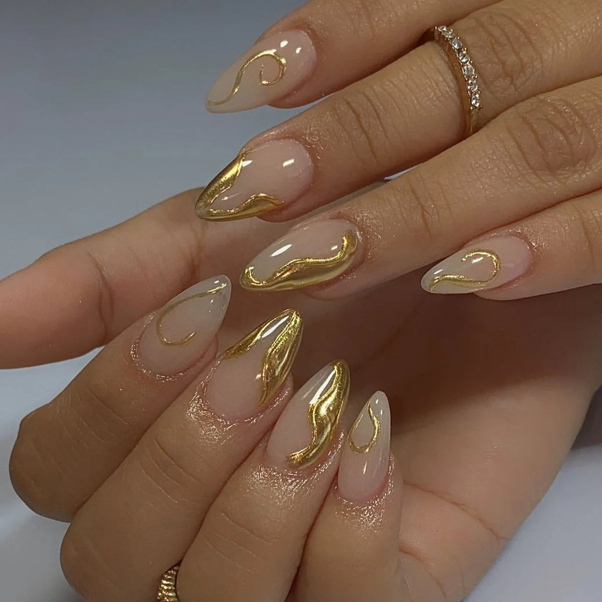Nude Pink and Gold Chrome Swirl Press On Nails