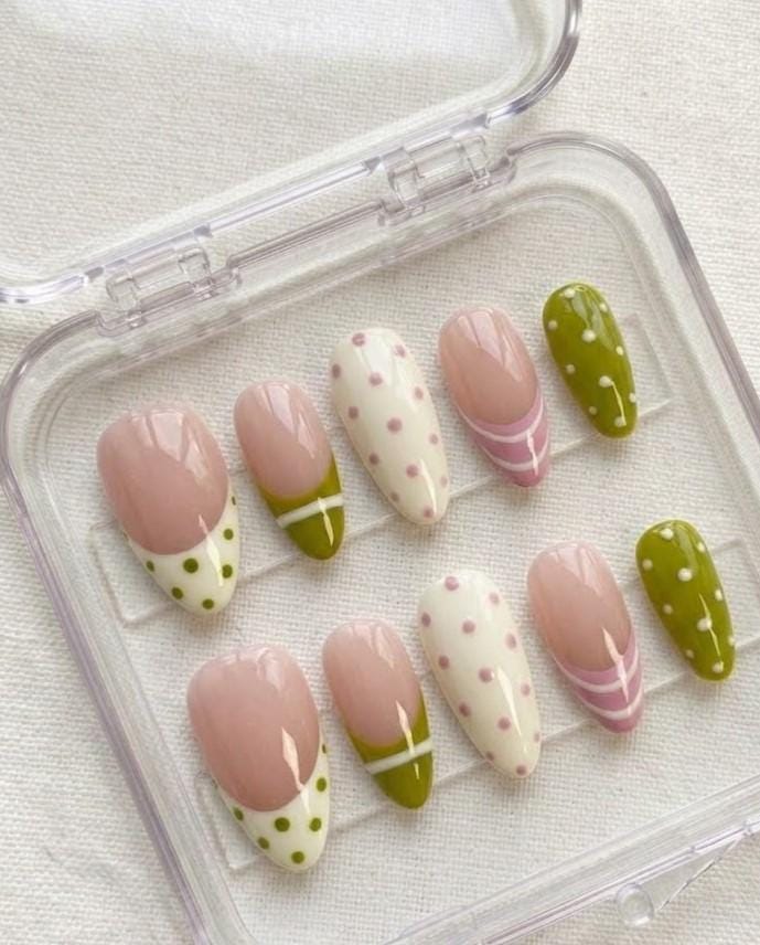 Nude Pink and Olive Green Polka Dot Press-On Nails with Summer Striped Details