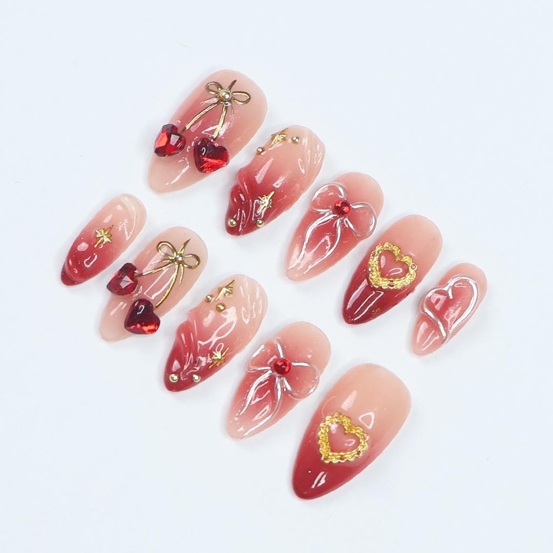 Nude Pink and Red Ombre Heart and Bow Press On Nails with Gold Details