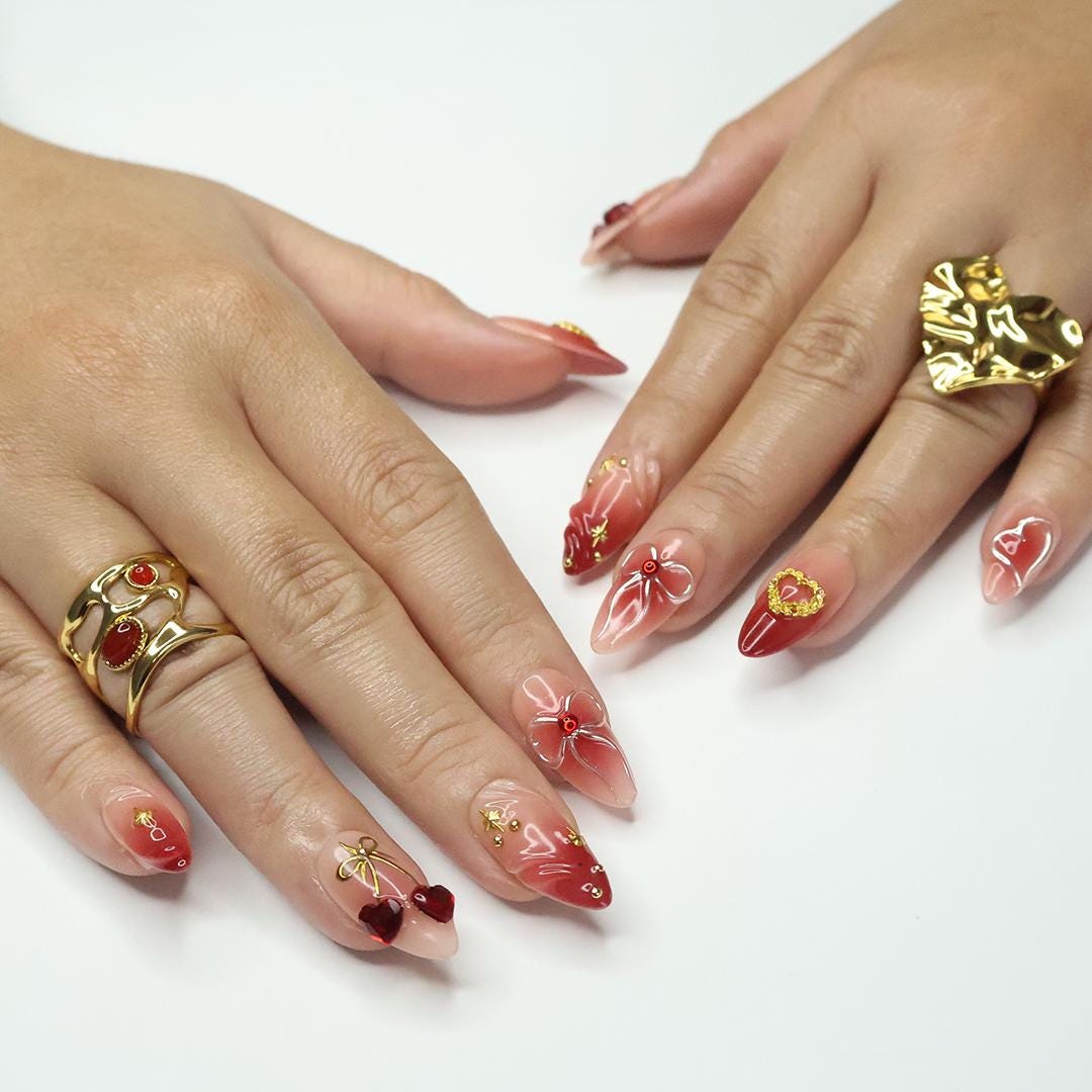 Nude Pink and Red Ombre Heart and Bow Press On Nails with Gold Details