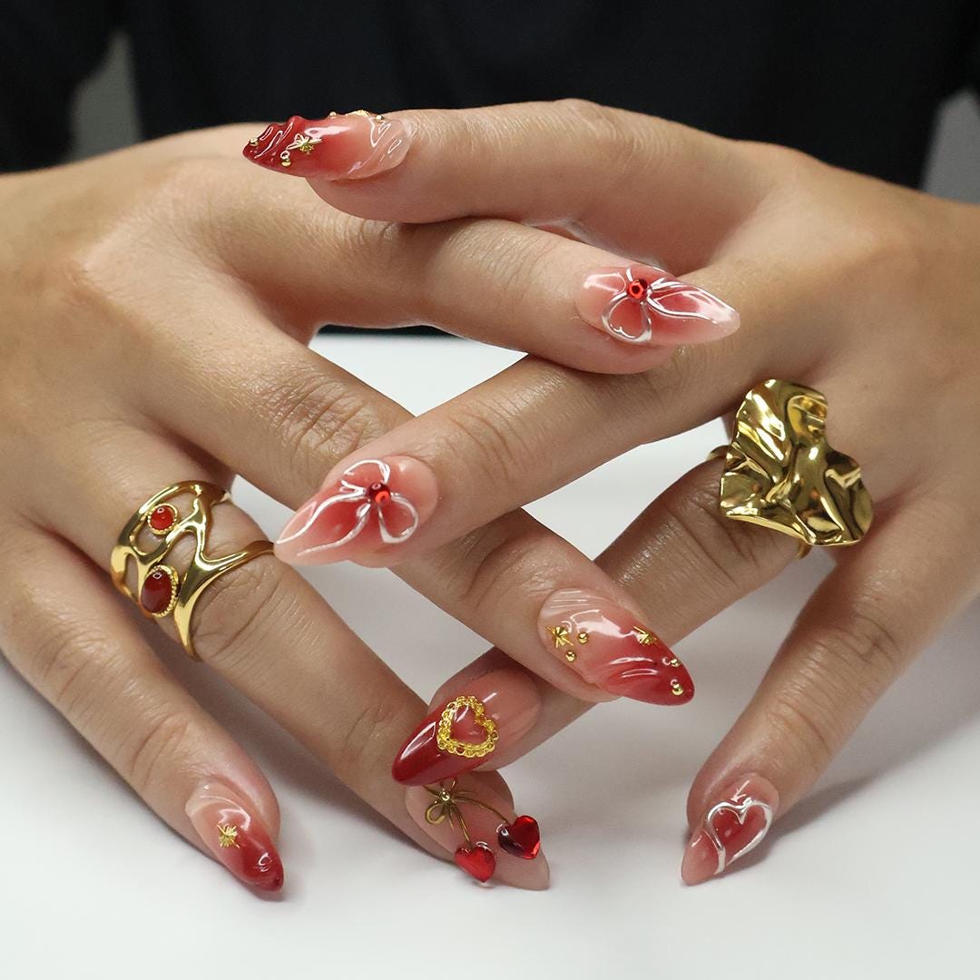 Nude Pink and Red Ombre Heart and Bow Press On Nails with Gold Details