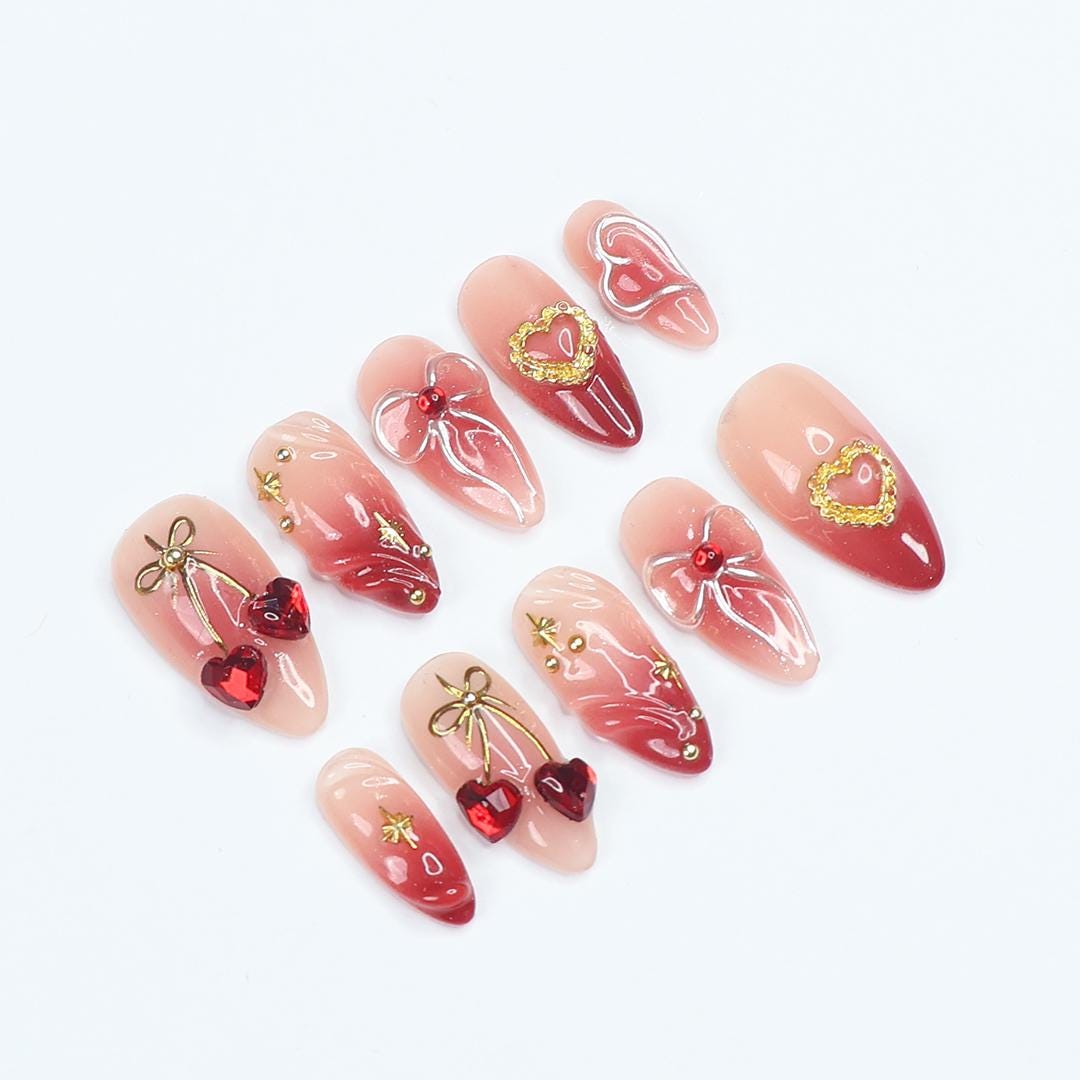 Nude Pink and Red Ombre Heart and Bow Press On Nails with Gold Details