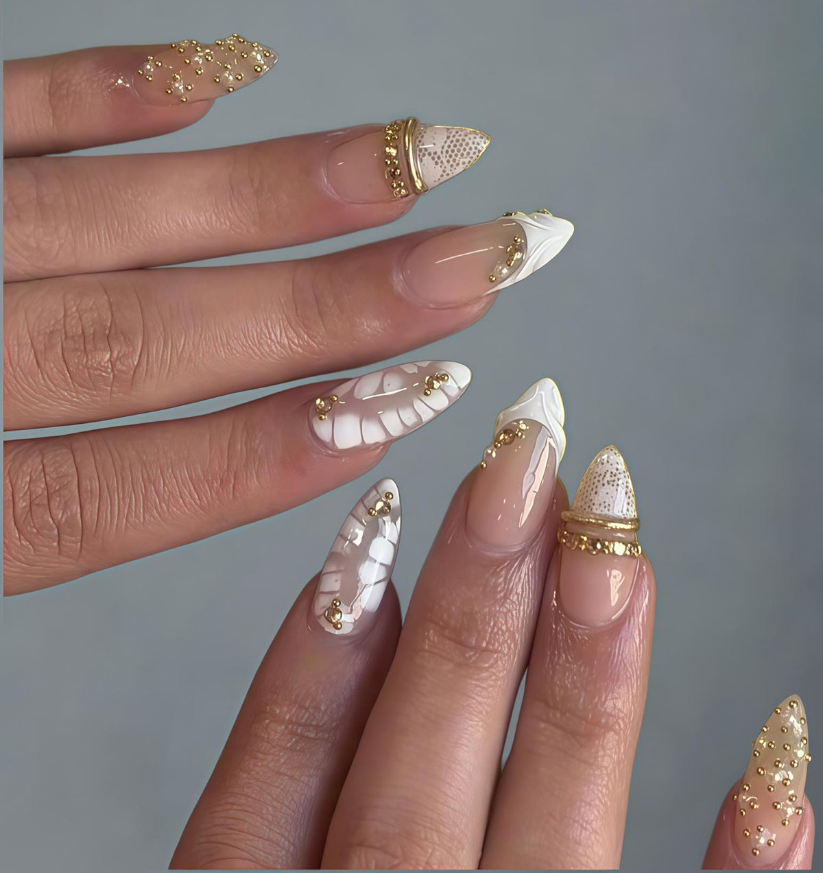 Nude Pink and White Honeycomb Nails with Gold Beads and Raised Bands