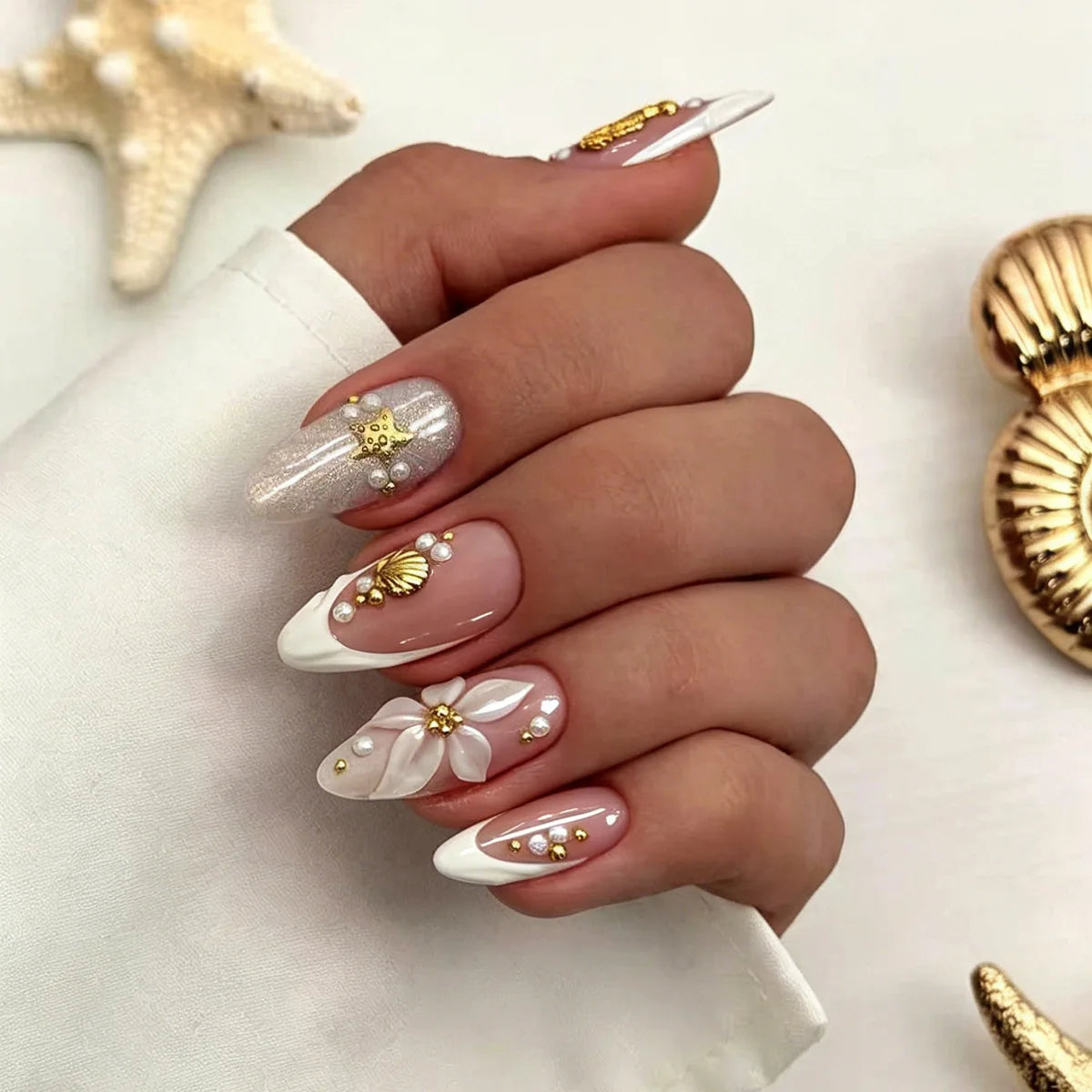 Nude Pink and White Press On Nails With 3D Flower and Gold Seashell Charms