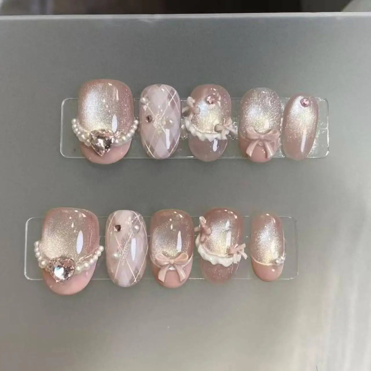 Nude Pink Cat Eye Nails With Lace, 3D Bows, Pearls and Rhinestones