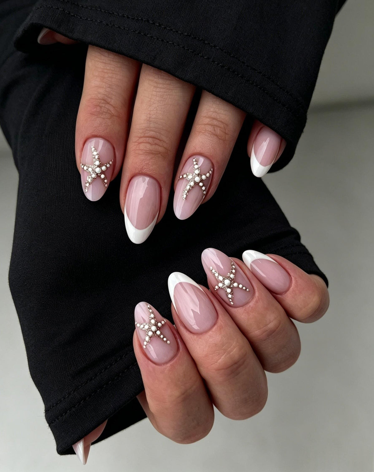 Nude Pink French Tip Nails With Pearl Starfish Accents