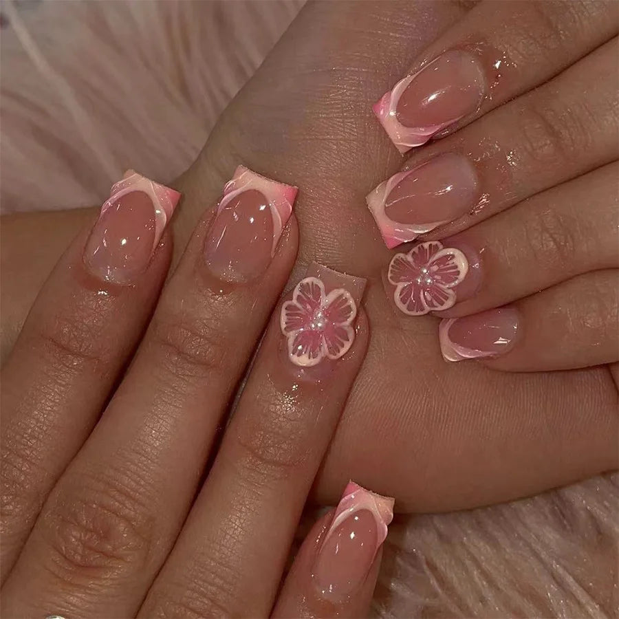 Nude Pink French Tip Nails With Raised Floral Accents