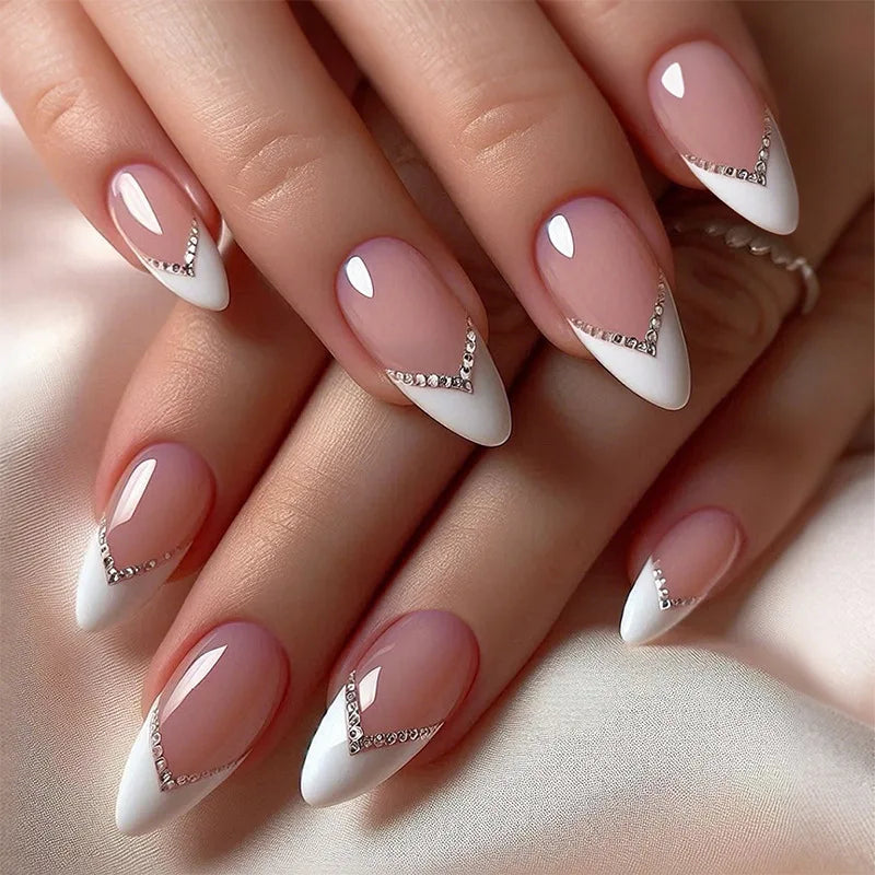 Nude Pink French Tip Nails With Rhinestone Accents