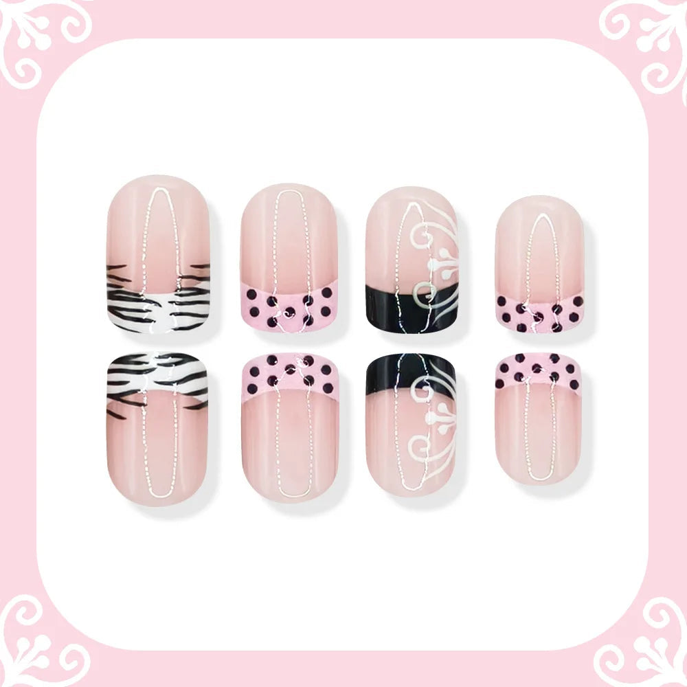 Nude Pink French Tip Nails with Zebra Stripes, Polka Dots and Scrollwork