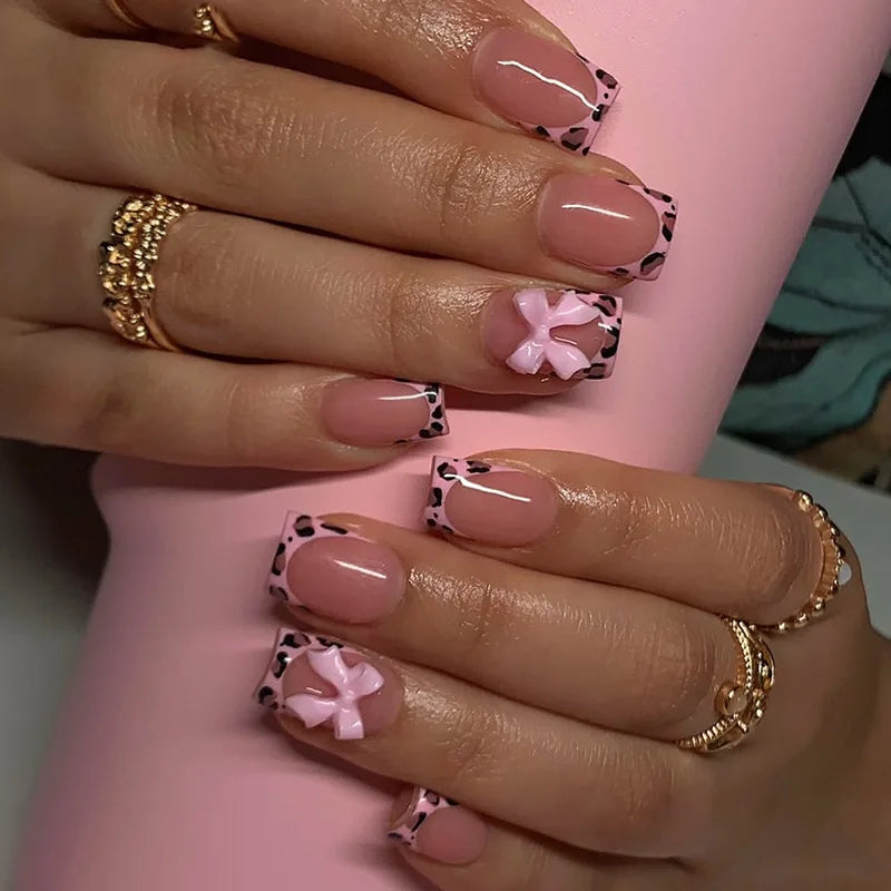 Nude Pink French Tip Press On Nails with Black Spots and 3D Bows
