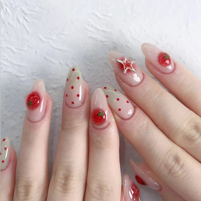 Nude Pink French Tip Press On Nails With Red Dots, Tomato Accents & Star Charm