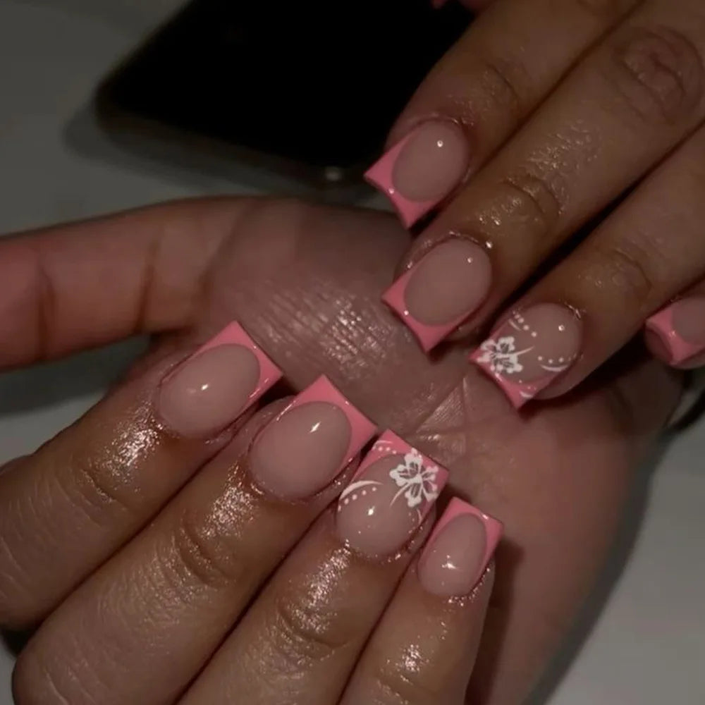 Nude Pink French Tip Press-On Nails With White Floral Line Art