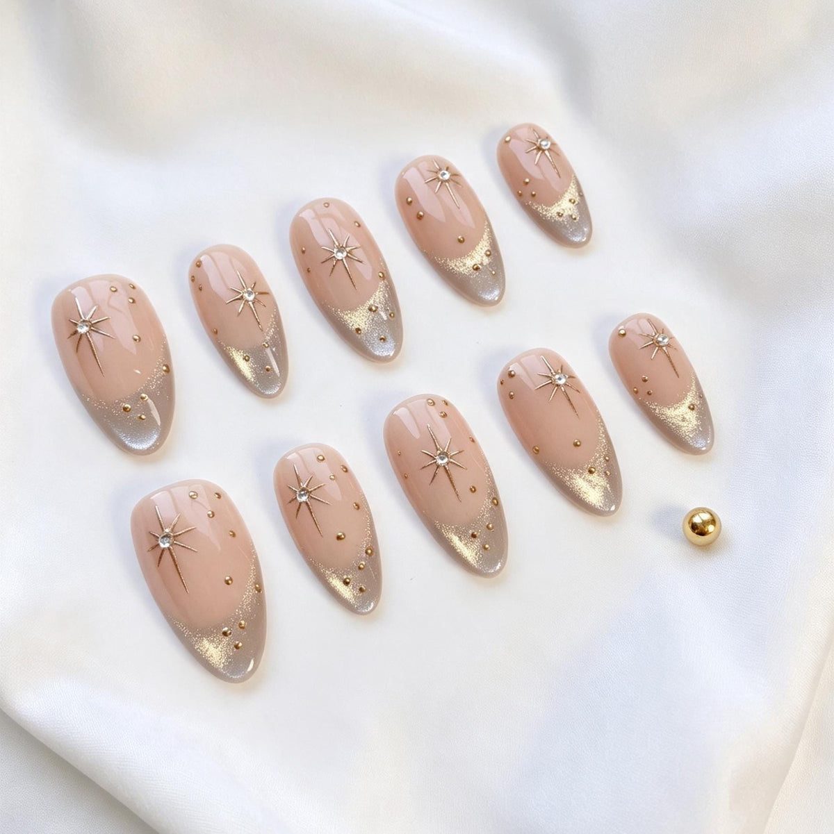 Nude Pink Gold Starburst French Tip Nail Set