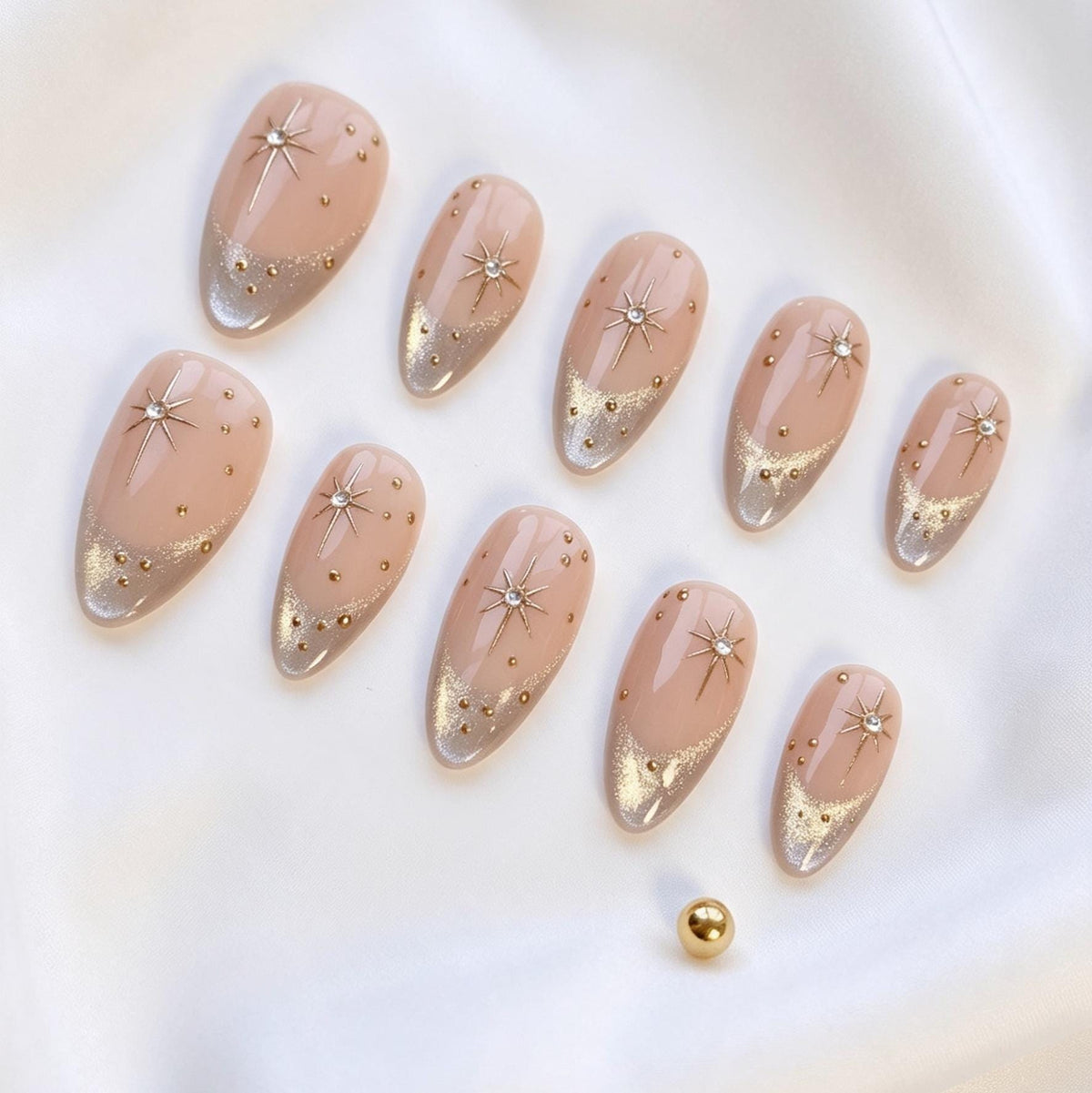 Nude Pink Gold Starburst French Tip Nail Set