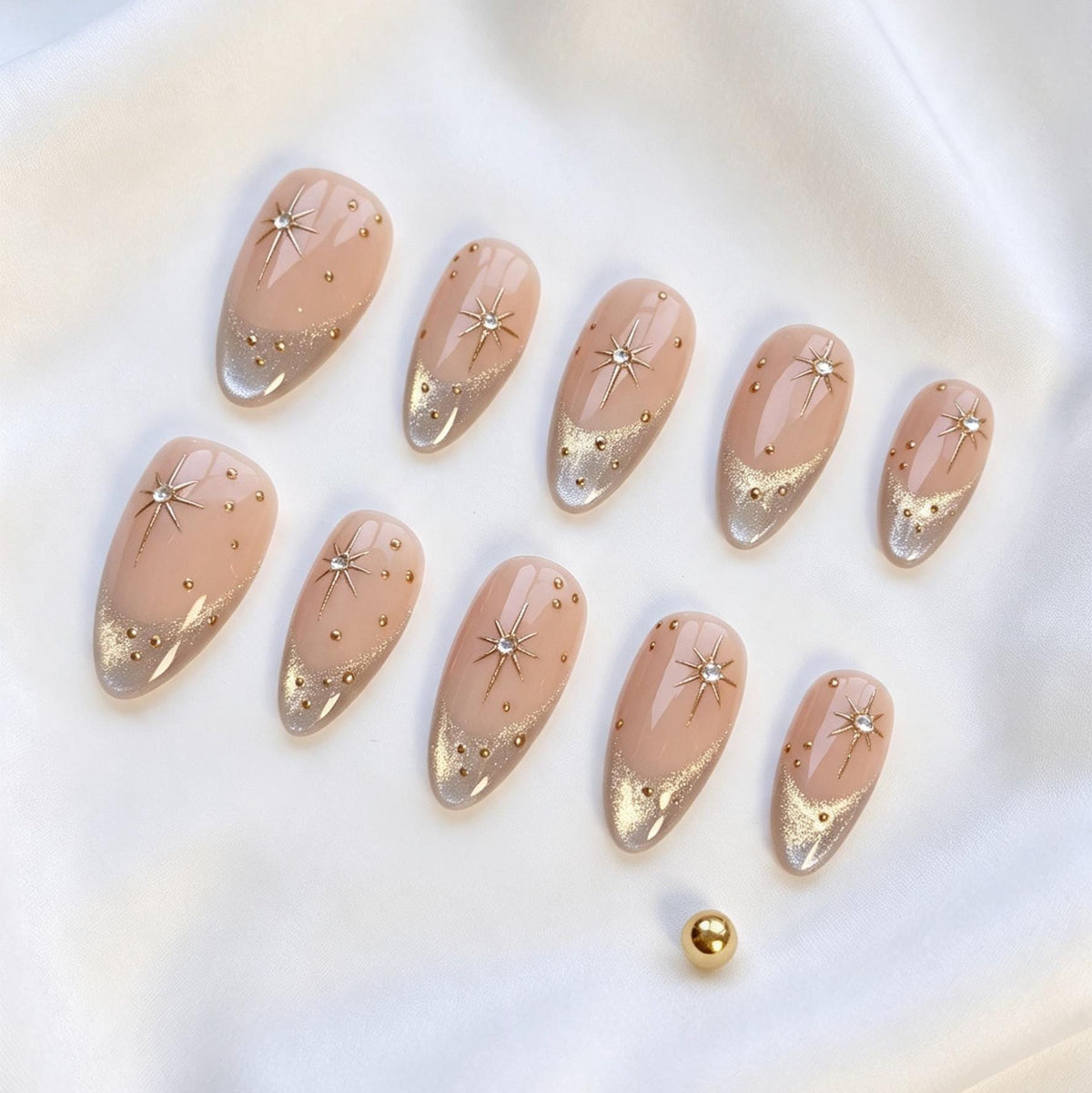 Nude Pink Gold Starburst French Tip Nail Set