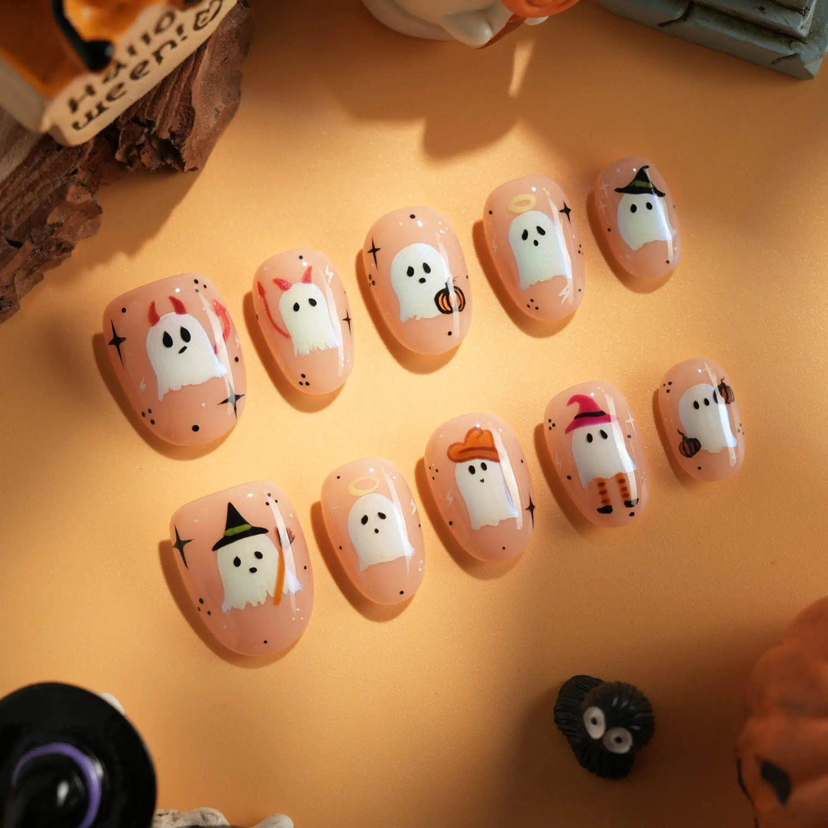 Nude Pink Halloween Ghost Press On Nails With Colorful Hats and Spooky Details