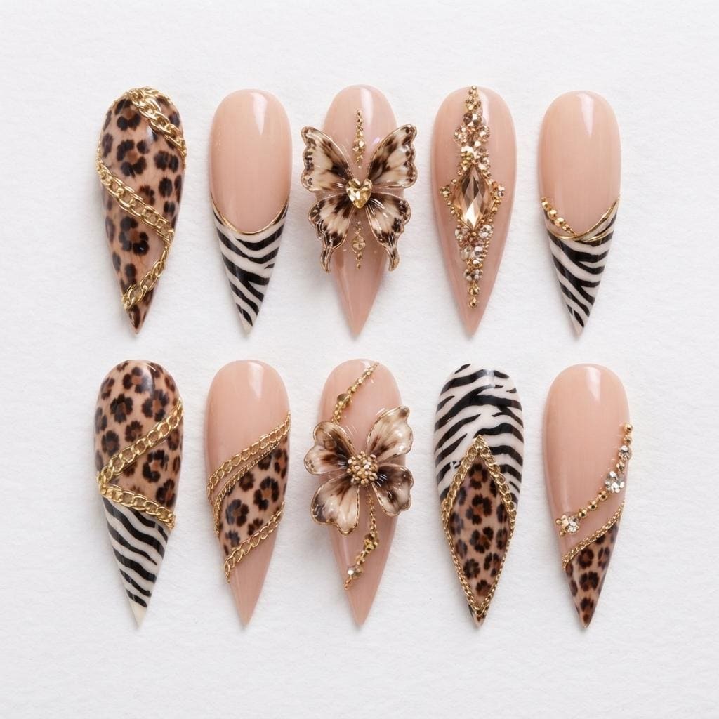 Nude Pink Leopard and Zebra Print Nails with Gold Chains and 3D Floral Accents