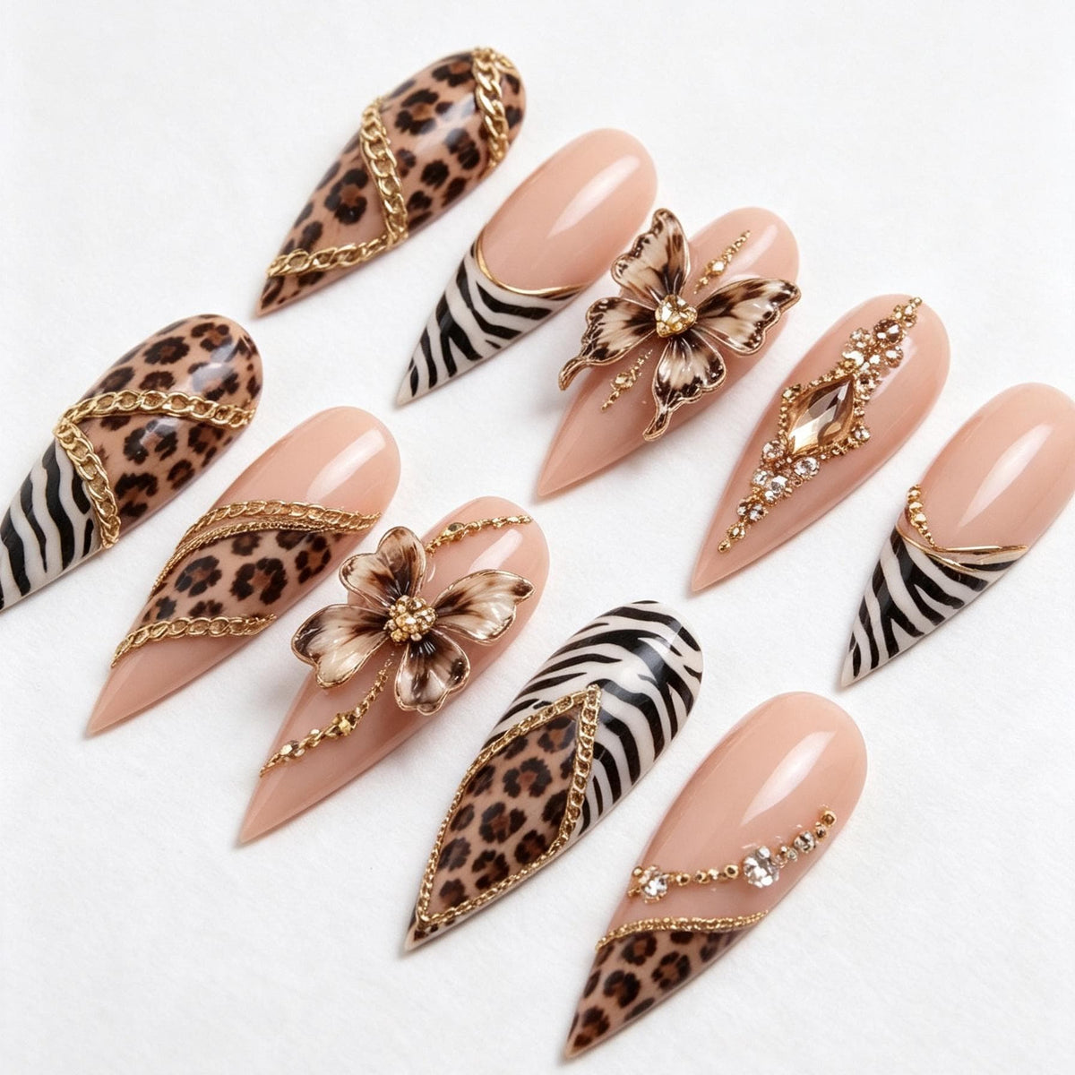 Nude Pink Leopard and Zebra Print Nails with Gold Chains and 3D Floral Accents