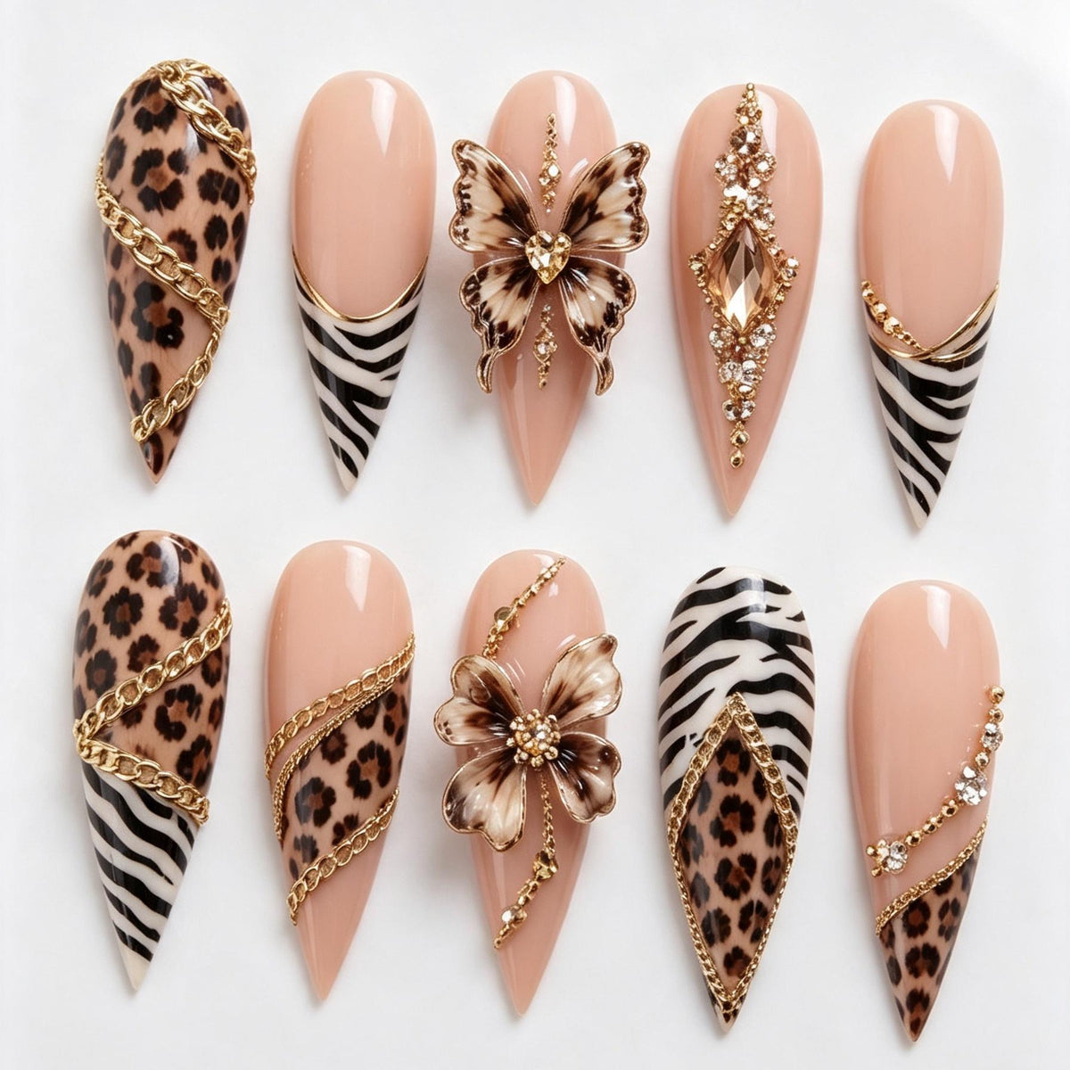 Nude Pink Leopard and Zebra Print Nails with Gold Chains and 3D Floral Accents