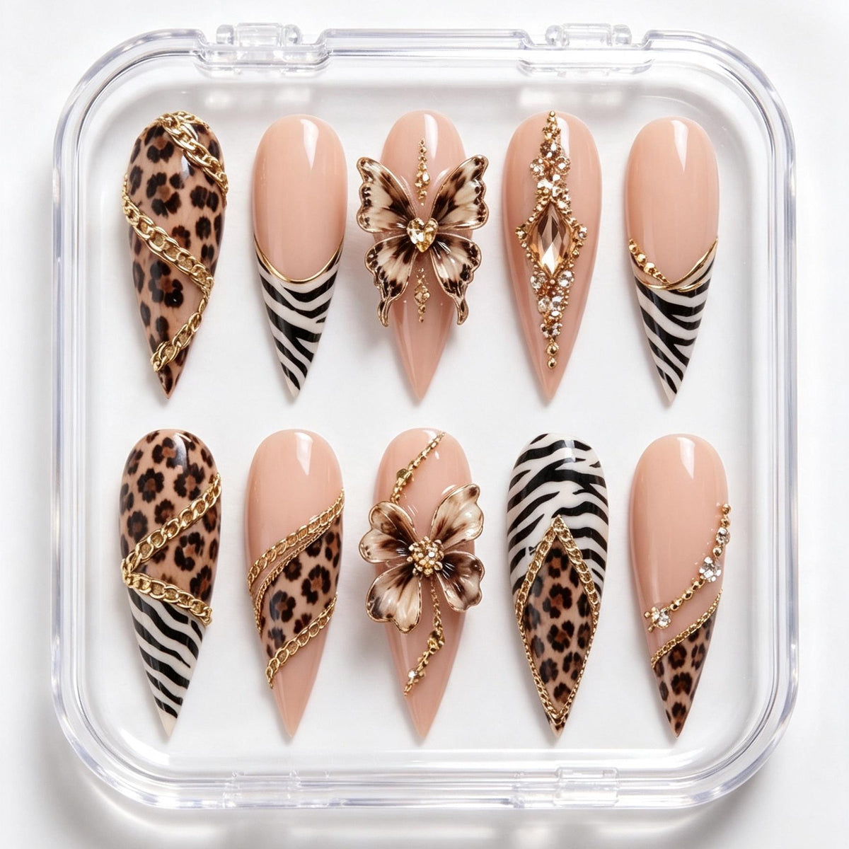 Nude Pink Leopard and Zebra Print Nails with Gold Chains and 3D Floral Accents