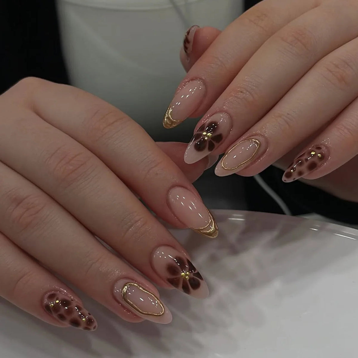 Nude Pink Leopard Print and Floral Press On Nails with Gold Details