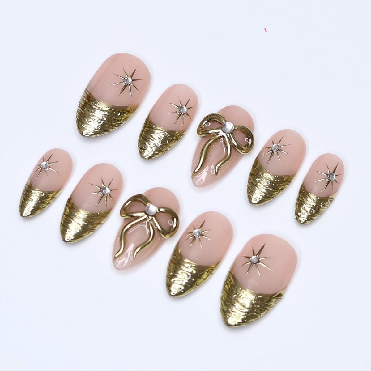 Nude Pink Nails with Textured Gold French Tips, Starbursts & 3D Bows