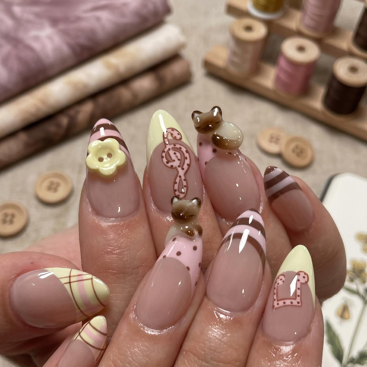 Nude Pink Plaid French Tip Nails With 3D Kitten Charms, Flower And Music Notes