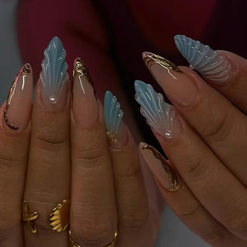 Nude Pink Press On Nails with 3D Blue Shells and Gold Details