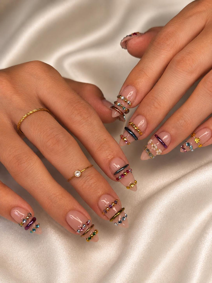 Nude Pink Bangle Press On Nails With Gold Bands and Colorful Accents for Birthdays