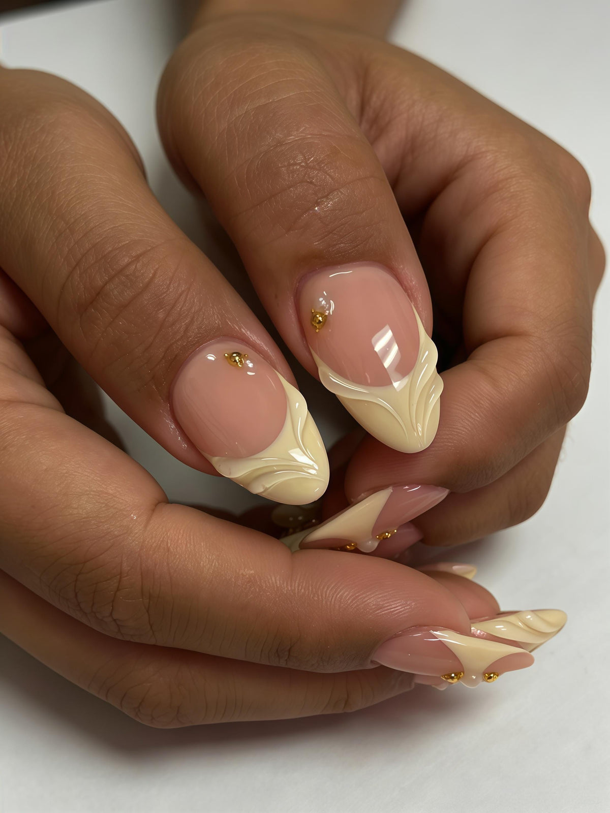 Nude Pink Shell French Tip Press On Nails with Sculpted Ivory Details and Gold Accents