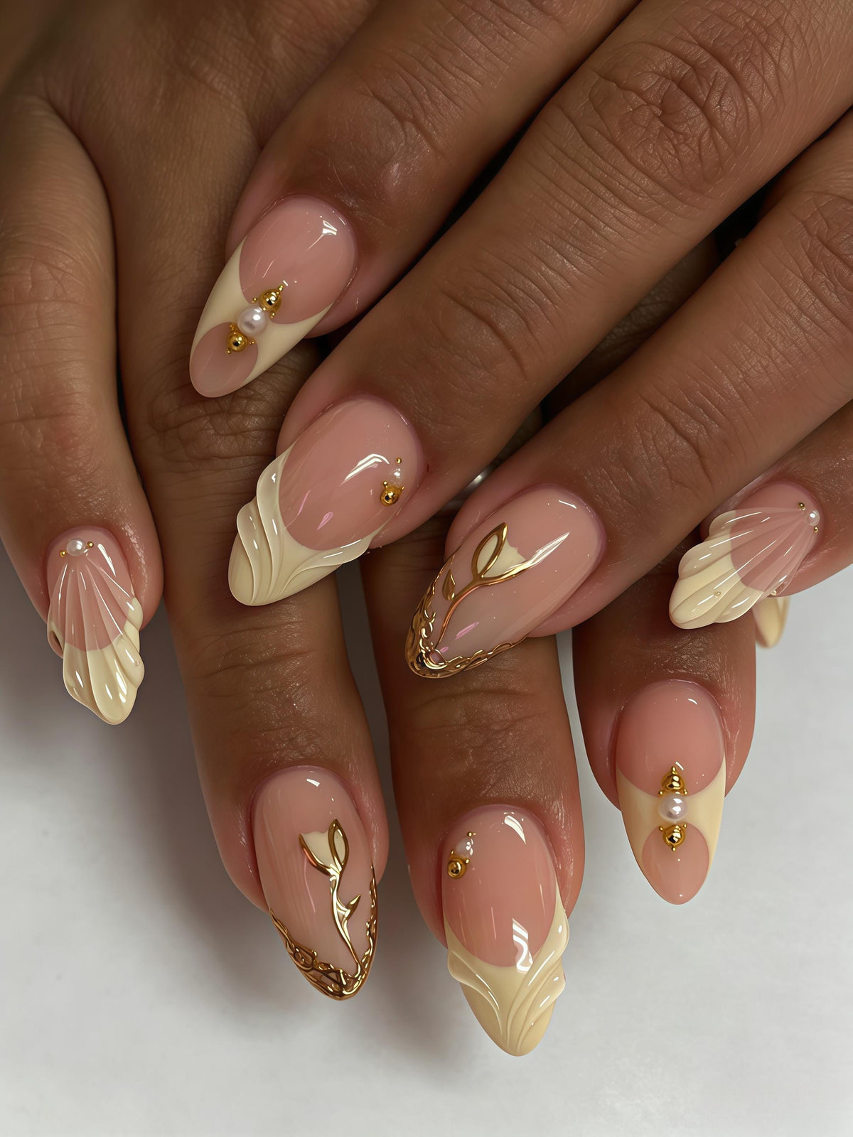 Nude Pink Shell French Tip Press On Nails with Sculpted Ivory Details and Gold Accents