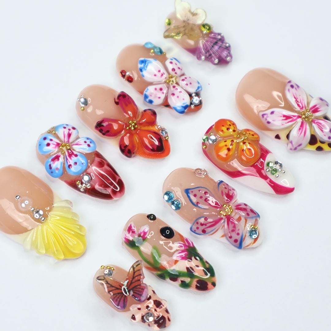Nude Pink Tropical Flower and Butterfly Press On Nails with 3D Details