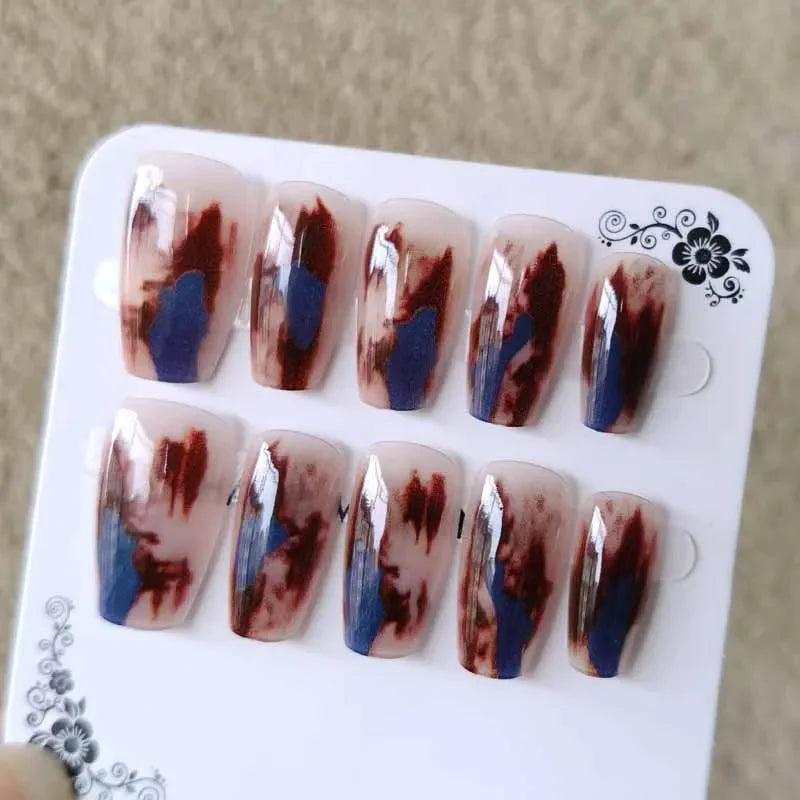 Nude Red and Blue Abstract Smudge Press On Nails
