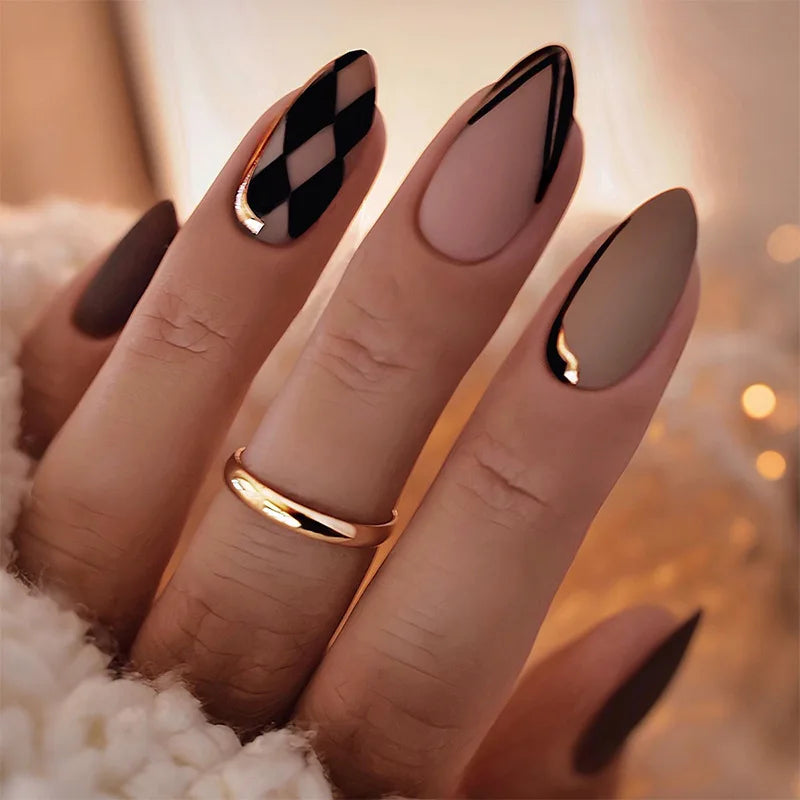 Nude Taupe French-Inspired Nails With Black Checkerboard and Gold Accents