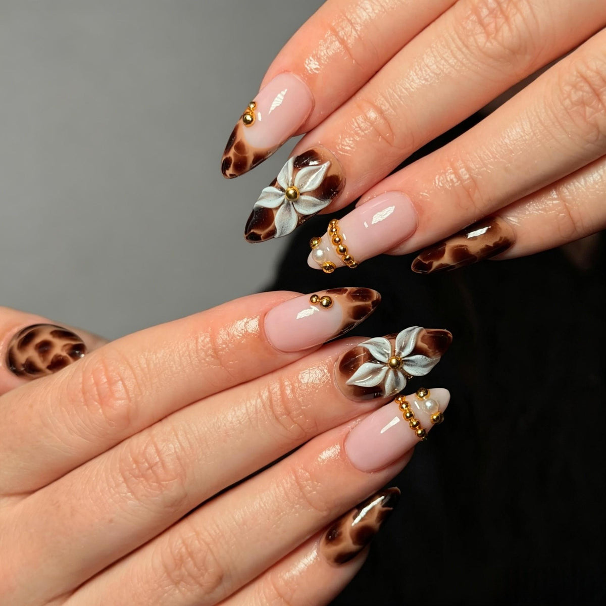 Nude Tortoiseshell Nails With 3D Flowers and Gold Beads