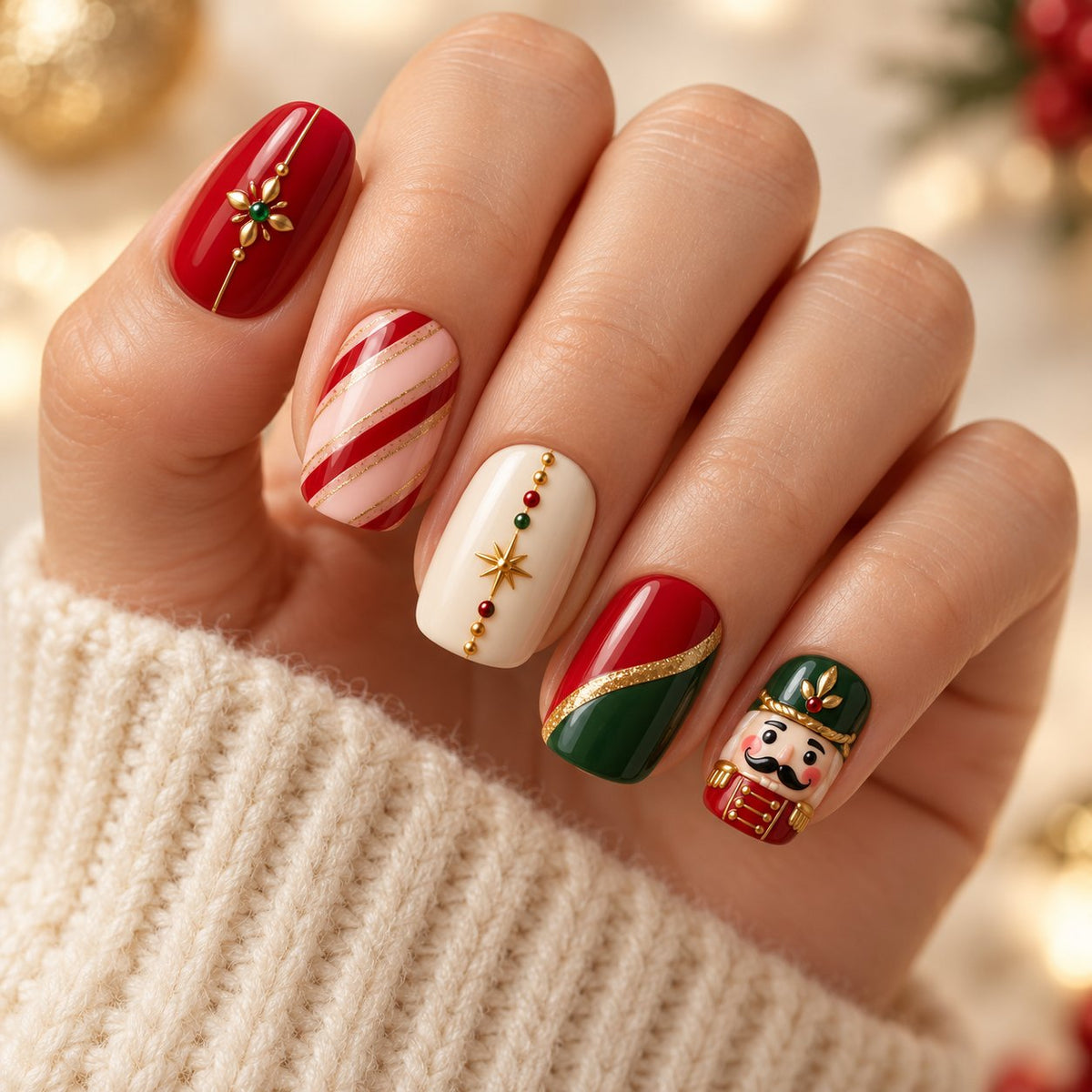 Nutcracker and Peppermint Holiday Press On Nails worn on hand