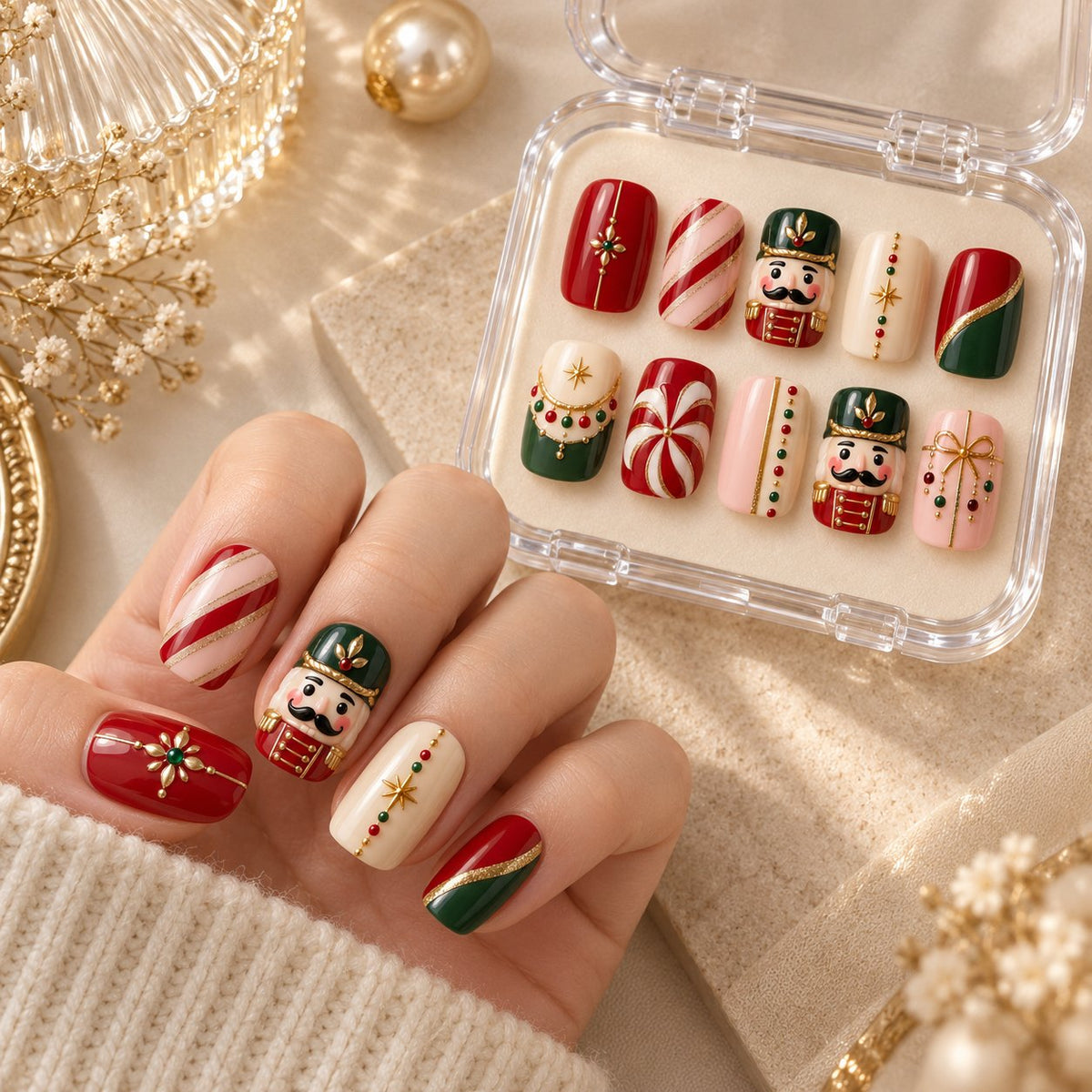 Nutcracker and Peppermint Holiday Press On Nails worn on hand with acrylic storage box