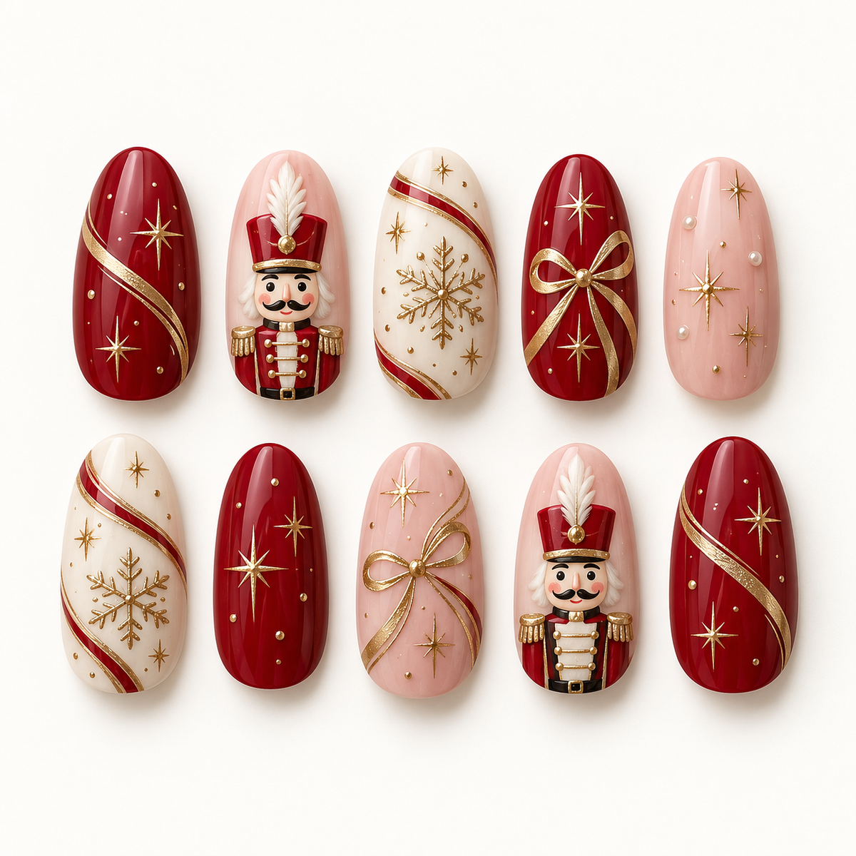 Nutcracker Christmas Press On Nails With Gold Snowflakes, Stars, and Bows