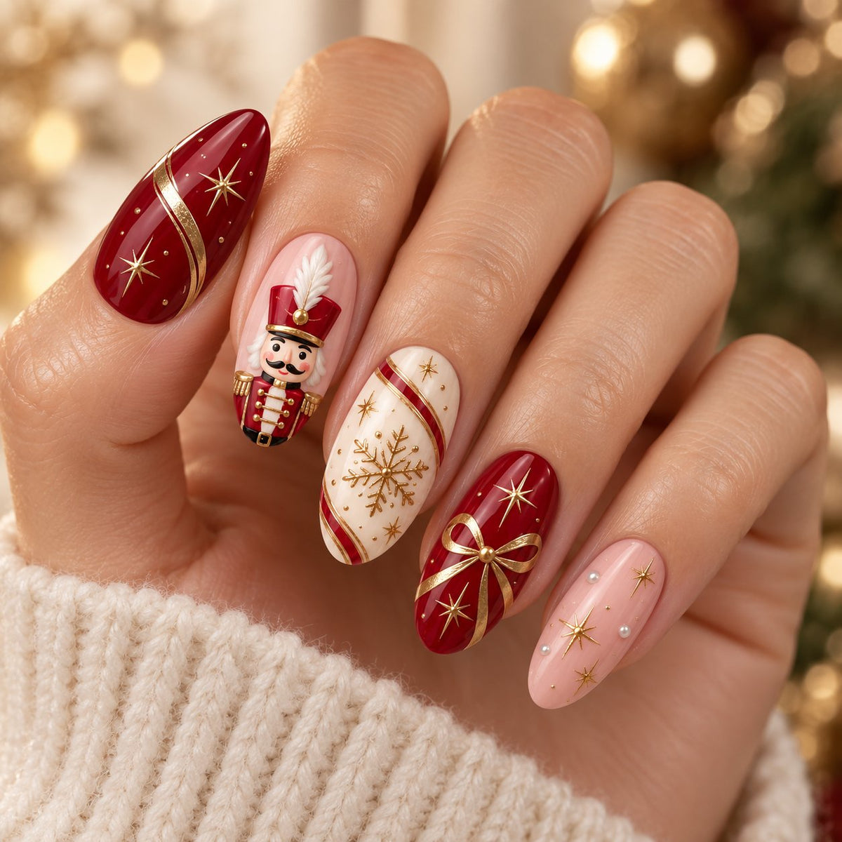 Nutcracker Christmas Press On Nails With Gold Snowflakes, Stars, and Bows worn on hand