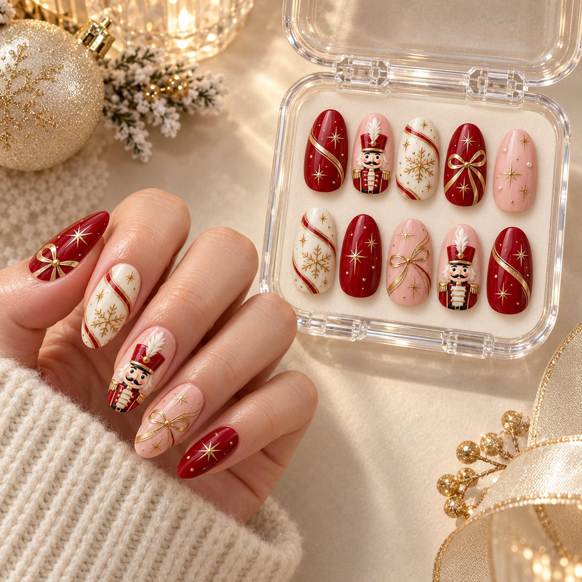 Nutcracker Christmas Press On Nails With Gold Snowflakes, Stars, and Bows worn on hand with acrylic storage box