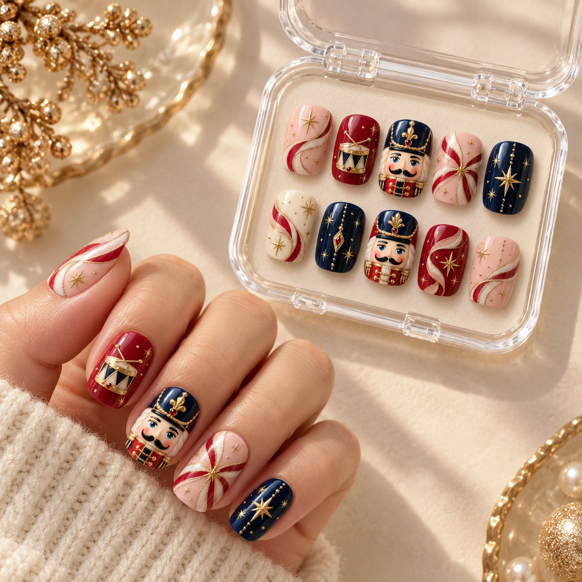Nutcracker Parade Press On Nails With Cranberry Ribbons and Gold Stars worn on hand with acrylic storage box