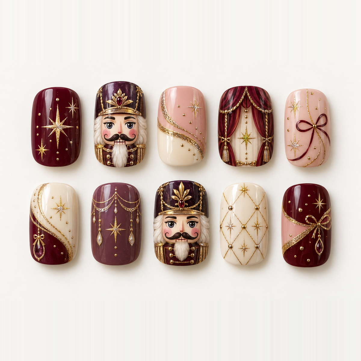 Nutcracker Theater Nails in Burgundy, Rose, Cream, and Gold