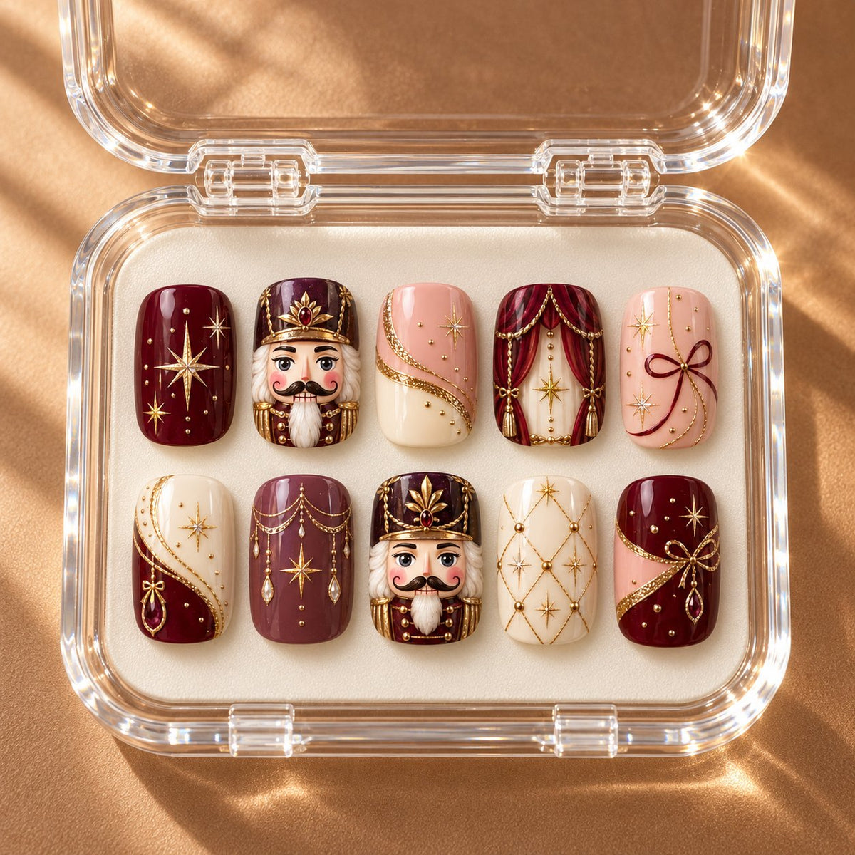 Nutcracker Theater Nails in Burgundy, Rose, Cream, and Gold in clear acrylic storage box