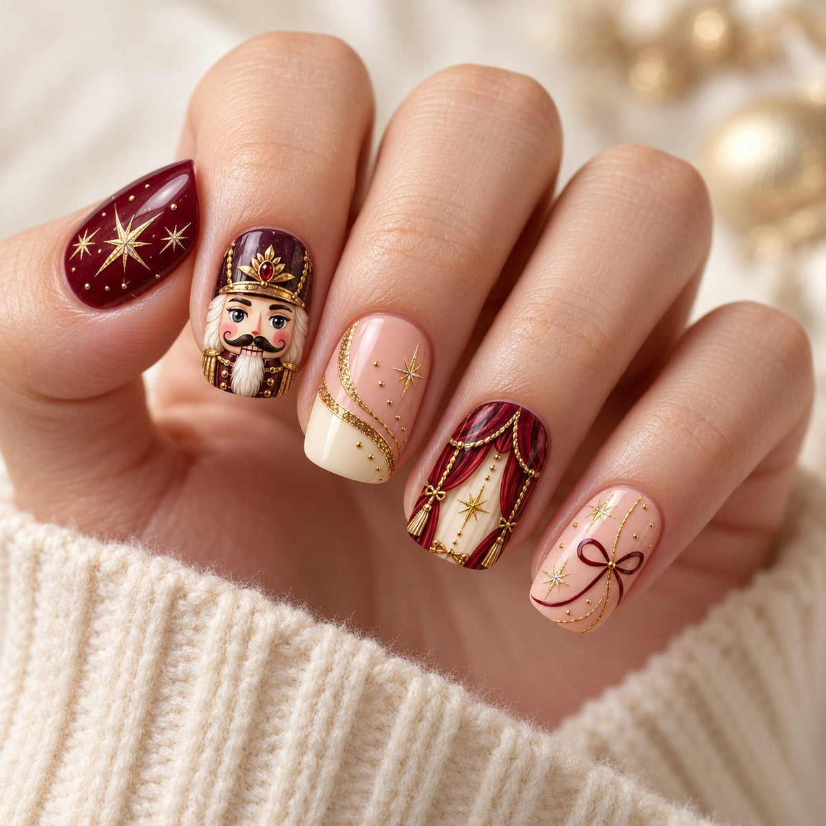 Nutcracker Theater Nails in Burgundy, Rose, Cream, and Gold worn on hand
