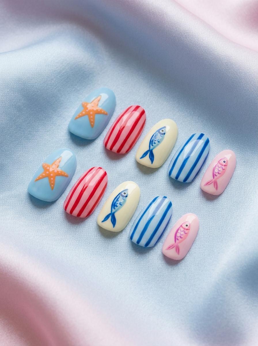 Ocean Beach Nails with Starfish, Fish, and Stripes